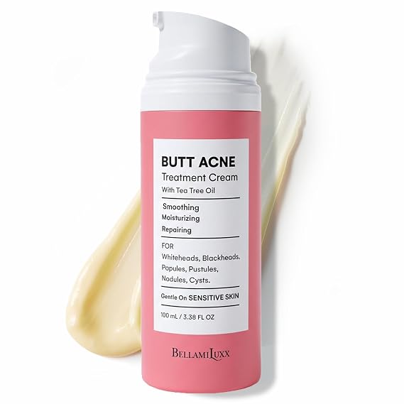 BellamiLuxx Butt Acne Treatment Cream: 2% Salicylic Acid Body Acne Lotion for Breakouts on Buttocks & Thighs, Bumps, Rough Texture - Tea Tree Oil Butt Cream for Smooth Skin