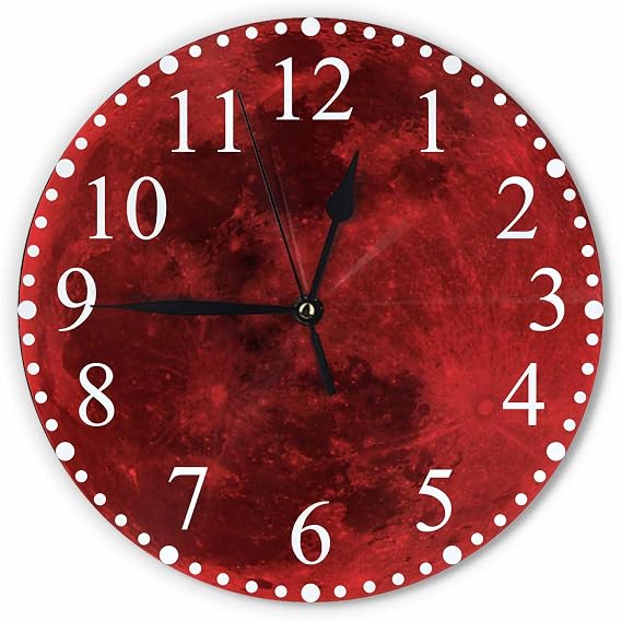 Red Full Moon Wall Clock Blood Moon Clock 10 Inch Silent Non-Ticking Clocks Battery Operated for Home Living Laundry Room Kitchen Bedroom Office