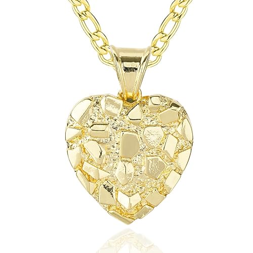 14k Gold Plated Rough Textured Cookie Nugget Heart Shape Charm Pendant Necklace For Women Men
