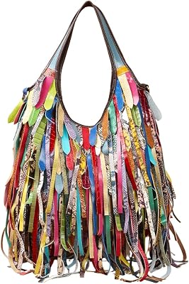 Colorful Hobo Handbag for Women Multicolor Leather Fringe Shoulder Bag Tassels Crossbody Purse Travel Shopper Satchel