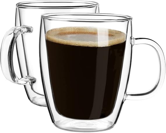 YUNCANG Double Wall Insulated Coffee Mugs, 16 Ounces - Clear Glass, Cappuccino & Latte Cups, Heat Resistant