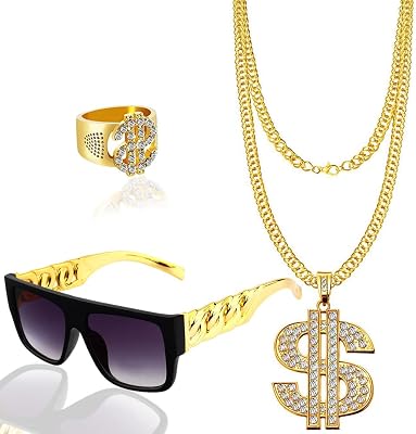 Hip Hop Costume Kit, Dollar Sign Necklace and Ring, 80s 90s Sunglasses Rapper Punk Gold Chain Gold Plated Chain Dollar Necklace for Men Woman punk Carnival Party