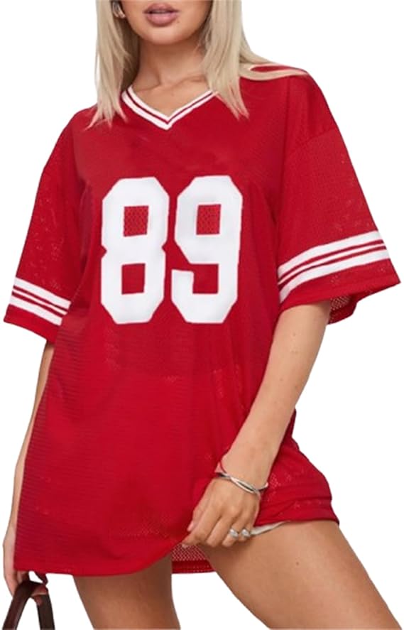 Women Y2k Jersey Shirts Short Sleeve V Neck Oversized Number Graphic T-Shirt Sport Casual Tee Tops Summer Streetwear
