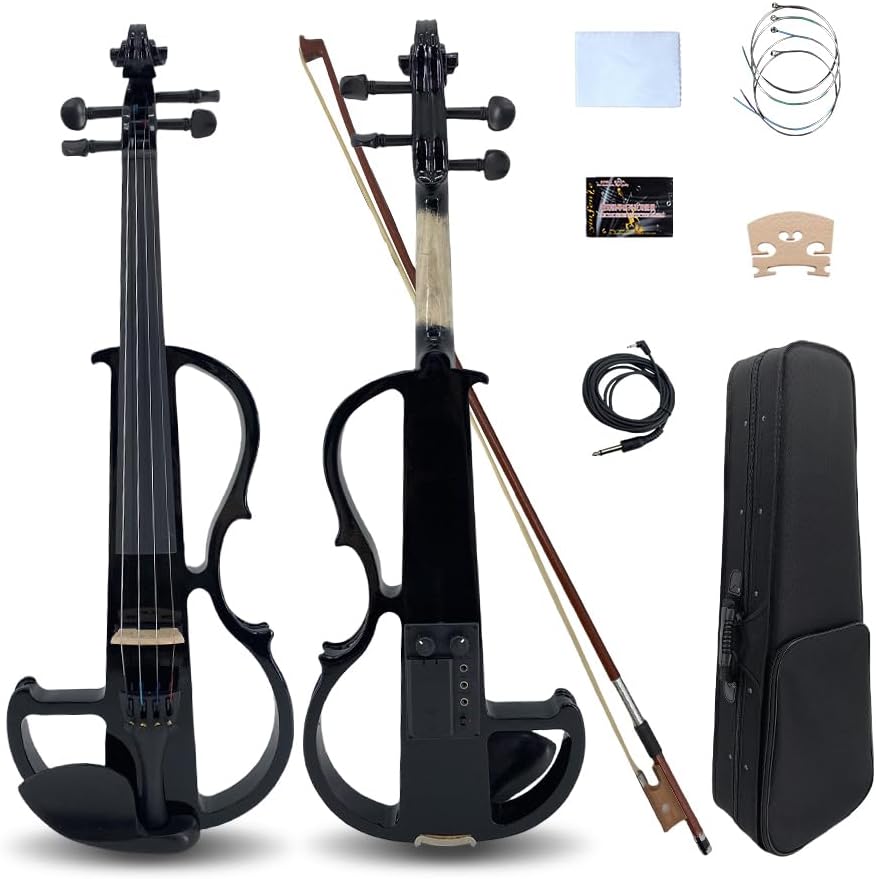 Yinfente Electric Violin 44 Full Size Silent 4-String Student Beginner Violin with Ebony Parts, Case, Bow, Shoulder Rest, Wired Earphones Black