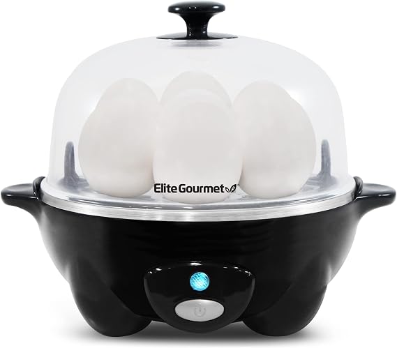 Elite Gourmet EGC-007B Rapid Egg Cooker, 7-Egg Poacher/Omelet Maker, Black | Easy-to-peel hard, medium, or soft-boiled eggs - auto shut-off, alarm, 16-recipe booklet included