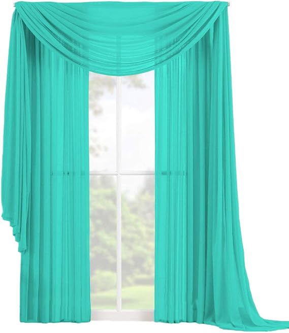 Decotex 3 Piece Elegant Sheer Voile Window Curtain Panel Drape Set includes 2 Panels and 1 Matching Scarf (120" Length, Turquoise)