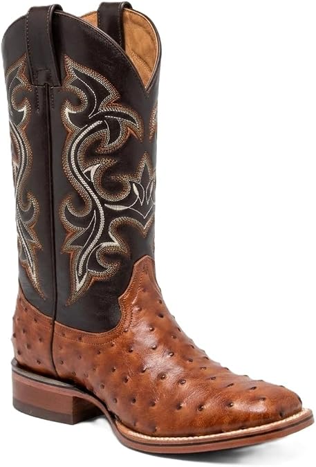 Western Shops Mens Genuine Cowhide Leather Quill Ostrich Print Western Cowboy Square Toe Rodeo Boots