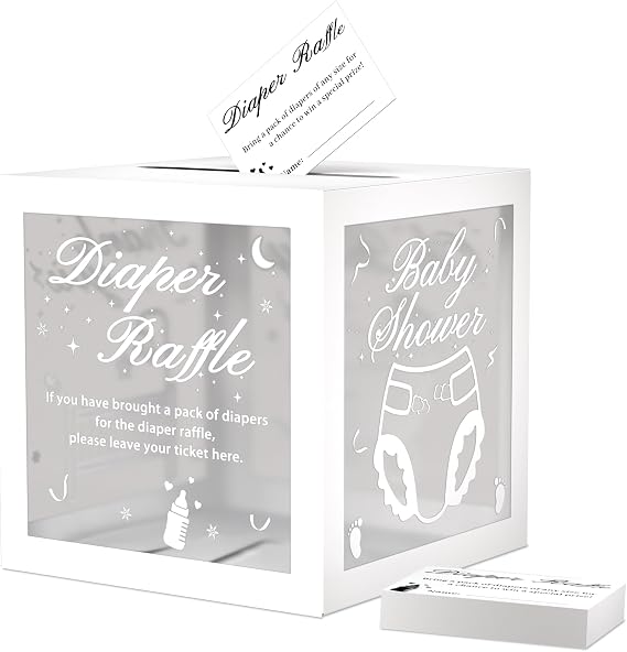 WNINK 50 Pcs Diaper Raffle Tickets With Box for Baby Shower, Gender Reveal Card, Games, Party Decorations, Table Centerpiece (White)