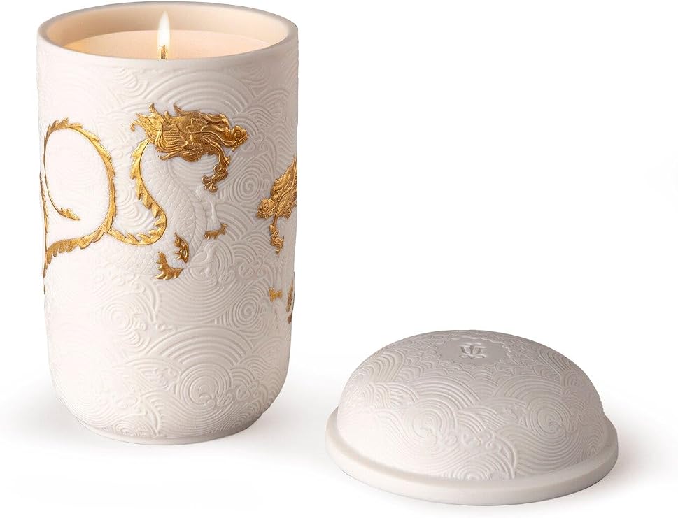 LLADRO Golden Dragons Candle. Gardens of Valencia Scent. Porcelain Candle.