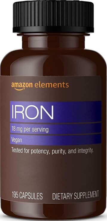 Amazon Elements Iron 18mg Capsules, Supports Red Blood Cell Production, Vegan, 195 Count, 6 month supply (Packaging may vary)