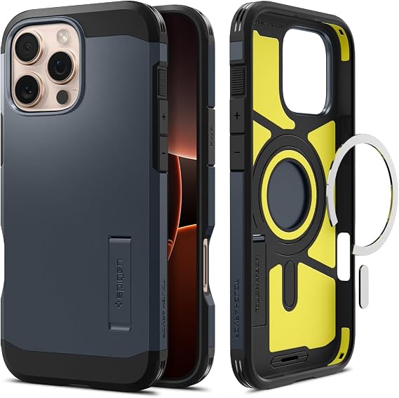 Spigen iPhone 16 Pro ile Uyumlu MagSafe Kılıf Tough Armor Mag Fit Stand özellikli Çift Katmanlı Zırh Koruma Lacivert Kapak - ACS08147 (Spigen TR Garantili)