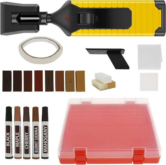 Laminate Wood Floor Repair Kit with Heat Pen, 11 Colors Hard Wax Sticks & 5 Touch Up Markers, Vinyl LVP Linoleum Scratch Remover for Cracks, Holes, Doors, Cabinets