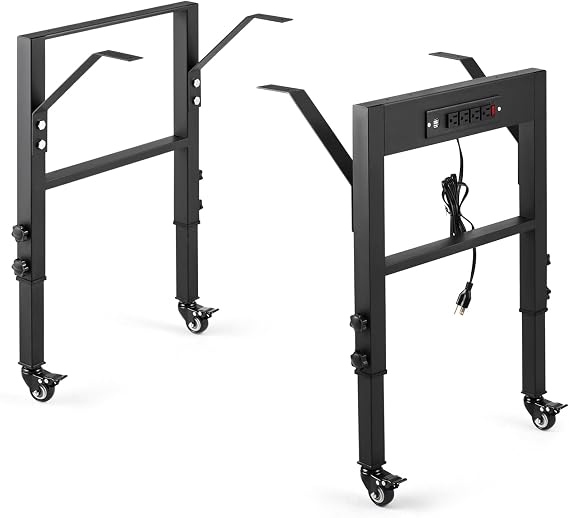 OLBRUS 19.6-Inch Depth Workbench Frame with Lockable Wheels | Height Adjustable 28.5" to 33.8", Heavy-Duty Industrial DIY Furniture Legs with Power Outlets for Study, Workshop & Garage