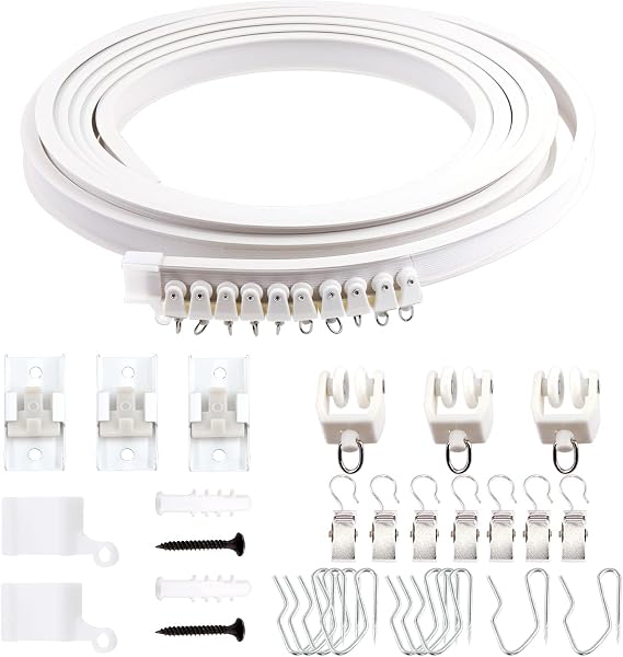 Keadic 160Pcs 5M/16.4FT Bendable Curved Ceiling Mount Curtain Track with Track Rollers, Snap-on Ceiling Brackets, End Caps, Drapery Hooks, Curtain Clips for Room Divider, Shower Curtains(White)
