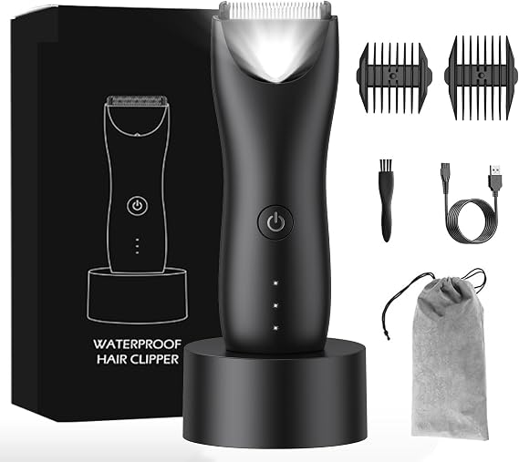 Ball/Groin/Pubic Hair Trimmer for Men,Electric Body Hair Groomers for Men with Safety Guardrai,IPX-7 Waterproof Mens Body Hair Trimmer with Light,Recharge Dock