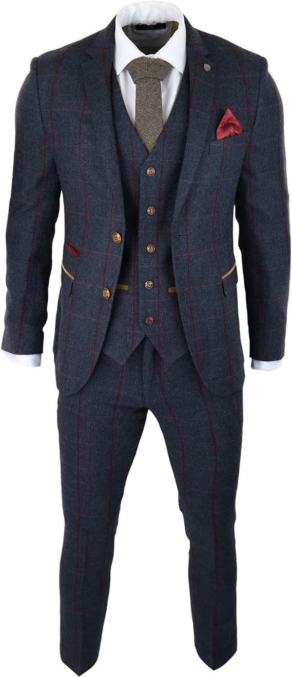 Mens Herringbone Tweed 3 Piece Navy Red Check Suit Vintage 1920s Tailored Fit