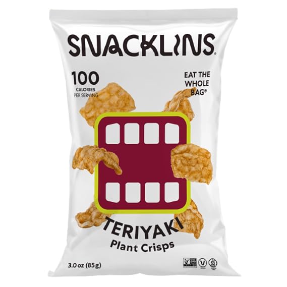SNACKLINS Plant Based Crisps - Vegan Healthy Snacks - Gluten Free, Grain Free, 100% Kosher For Passover, Low Calorie - No Added Sugar, Crunchy, Puffed Snack - Teriyaki - 3oz (Single Bag)