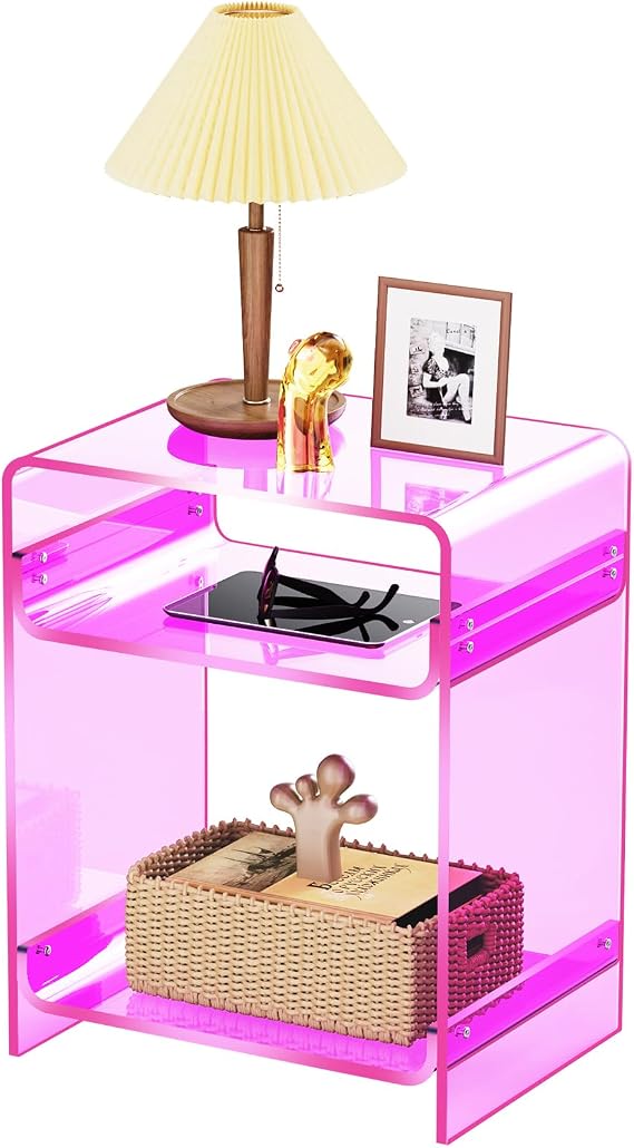 Acrylic End Table Record Player Table with Storage Shelf Clear Side Table Nightstand (15.7x19.7x11.8)(Pink)