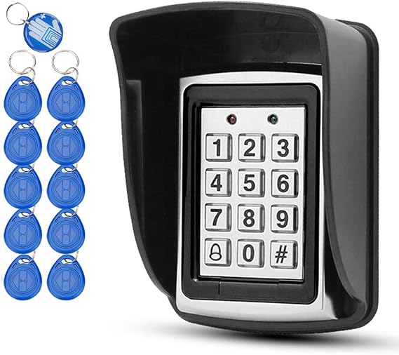 10 RFID Keychains + Waterproof Rain Cover + RFID Metal Keypad Supports 1000 Users Wiegand-26 Interface (Input/Output)