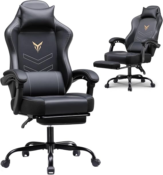 GTPLAYER Gaming Chair with Footrest, Recliner Chair with Headrest & Lumbar Support, Linkage Armrest,Ergonomic Gaming Chair 350lbs, High Back Office Home, Dark Black