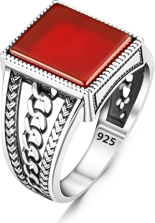 Men Handmade Ring, Red Agate Stone Ring, Silver Aqeeq Rectangle Ring, 925k Sterling Silver Ring, Ottoman Style Ring