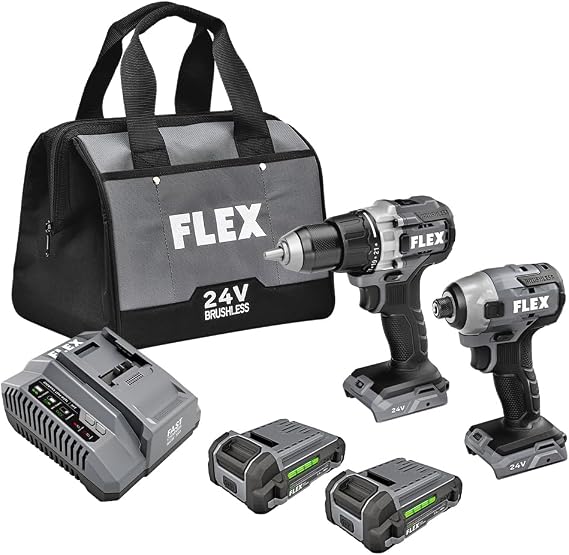 FLEX 24V Brushless Cordless 2-Tool Combo Kit: 1/2-Inch 2-Speed Drill Driver and 1/4-Inch Hex Impact Driver with (2) 2.5Ah Lithium Batteries and 160W Fast Charger - FXM201-2A