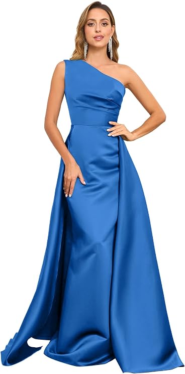 Satin One Shoulder Prom Dresses for Women A-Line Ruched Long Formal Dresses Evening Gown with Overskirt 2026 MRX08