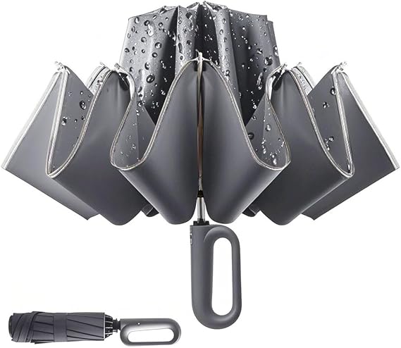 Inverted Umbrella with Carabiner Handle, Wind Proof Umbrellas For Rain and Sun, 46 Inch Portable Reverse Folding Compact Umbrella for Women Men, 10 Ribs