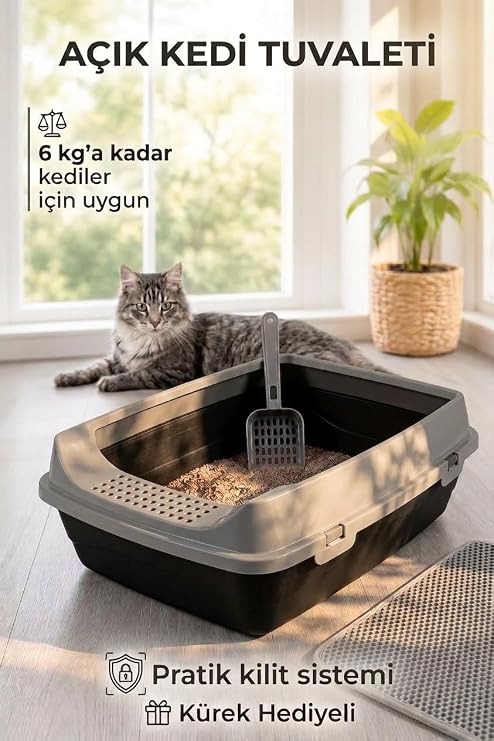 Açık Kedi Tuvaleti, 50x37x17 cm, Yüksek Kenarlı Kedi Tuvalet Kabı, Kum Küreği Hediyeli