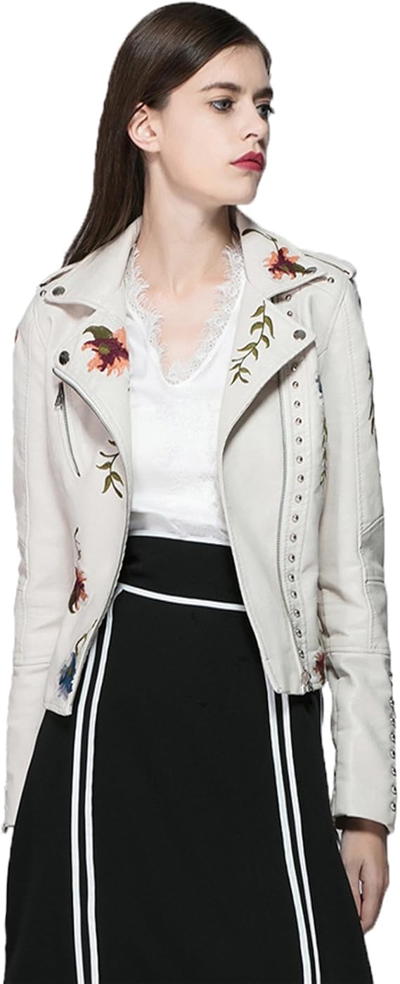 LY VAREY LIN Women's Floral Embroidered Faux Leather Moto PU Jacket Coat