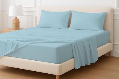Cottingon 4 Pcs Extra Deep 100% Cotton Bed Sheets Set, Soft and Luxury Bedding Fits Upto 22 Inch Extra deep Pocket with Elastic All Around, Twin, Light Blue Solid