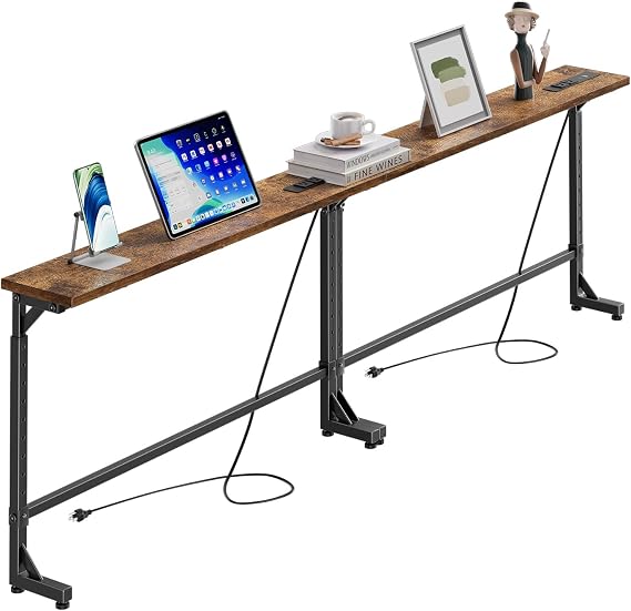 Simple Trending 78.75 Console Table, Narrow Behind Couch Table, Adjustable Sofa Tables with Outlet, for Living Room, Rustic Brown