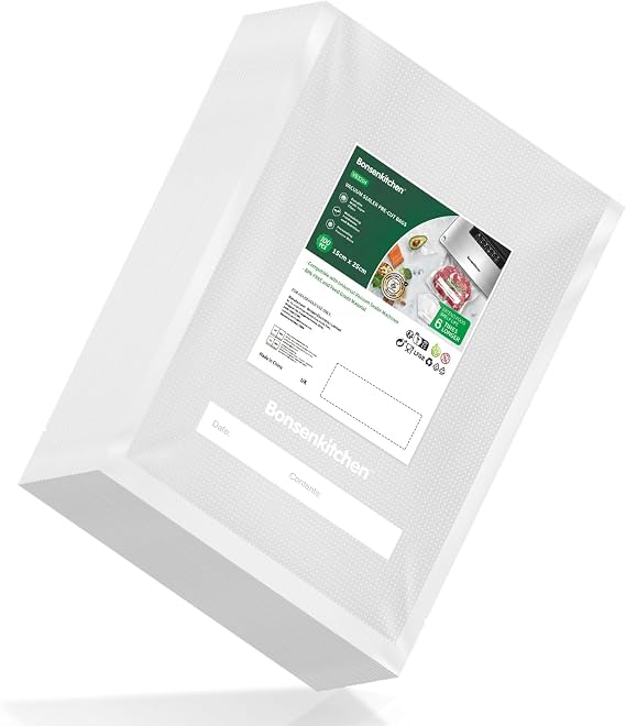 Bonsenkitchen 100 Bags 15 x 25 cm Vacuum Food Sealer Bags Embossed Food Preserving Sous Vide for Food Saver, Commercial Grade Textured Food Vacuum Sealer Bag, VB3204 | Embossed Food Preserving Sous Vide for Food Saver, Commercial Grade Textured Food Vacuum Sealer Bag