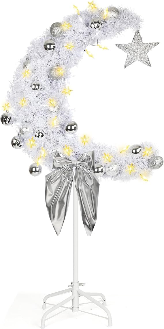 3 FT Eid Ramadan Moon Tree, Lighted Crescent Artificial Tree with LED Star String, Garden Decor Outdoor Lights,Islamic Decoration for Garden, Indoor, Home, Party Decor(Silver)