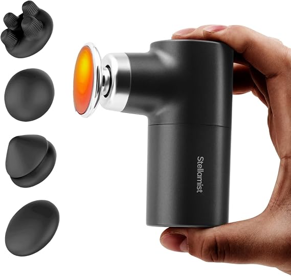 Mini Thermal Massage Gun with Heat, Portable Percussion Muscle Massager | 3 Speeds, Portable, Ultra-Quiet Mini Massage Gun, 4 Heads, Neck, Back Muscle Comfort
