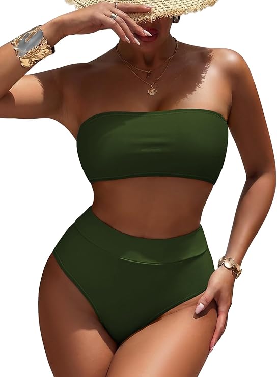 Pink Queen Women's High Waist Bikini Set Removable Strap Bandeau Swimsuit