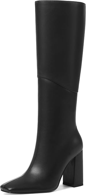 VOMIRA Knee High Boots Women Square Toe Chunky Heel Black Boot