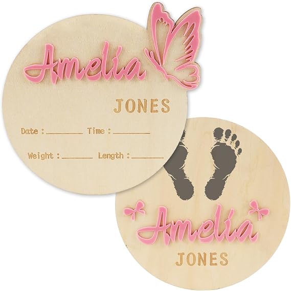Personalized Baby Announcement Sign Custom Birth Newborn Announcement Sign for Hospital Wooden Baby Name & Footprint Sign Photo Prop Shower Gift (Butterfly)