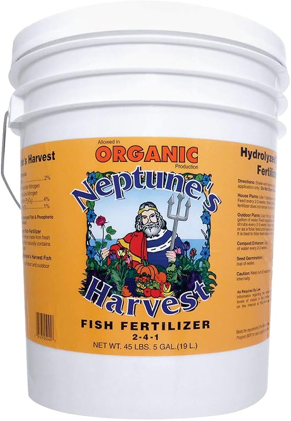 Neptune's Harvest Fish Fertilizer (2-4-1) - Organic Liquid Plant Fertilizer - Fish Hydrolysate for Vegetables, Flowers, Fruit, Trees, Grass - Indoor and Outdoor Plant Food (5 Gallon Pail)