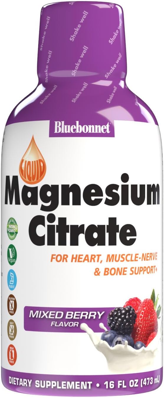 Bluebonnet Nutrition Magnesium Citrate 420 mg - Calm Mind & Body* Supports Heart, Muscle & Sleep* - Non-GMO, Vegan, Kosher, Gluten-Free, Soy-Free, Milk-Free - 16 FL OZ, Mixed Berry Flavor