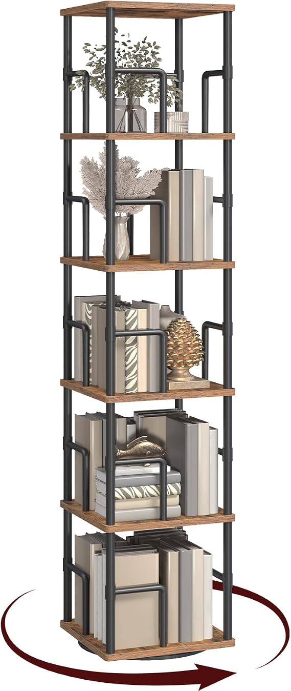 MAHANCRIS 5-Tier Rotating Bookshelf, Freestanding Corner Bookshelf, 360 Spinning Bookcase, Industrial Style Storage Rack with Rails, for Living Room, Bedroom, Study, Rustic Brown and Black BKHR1601