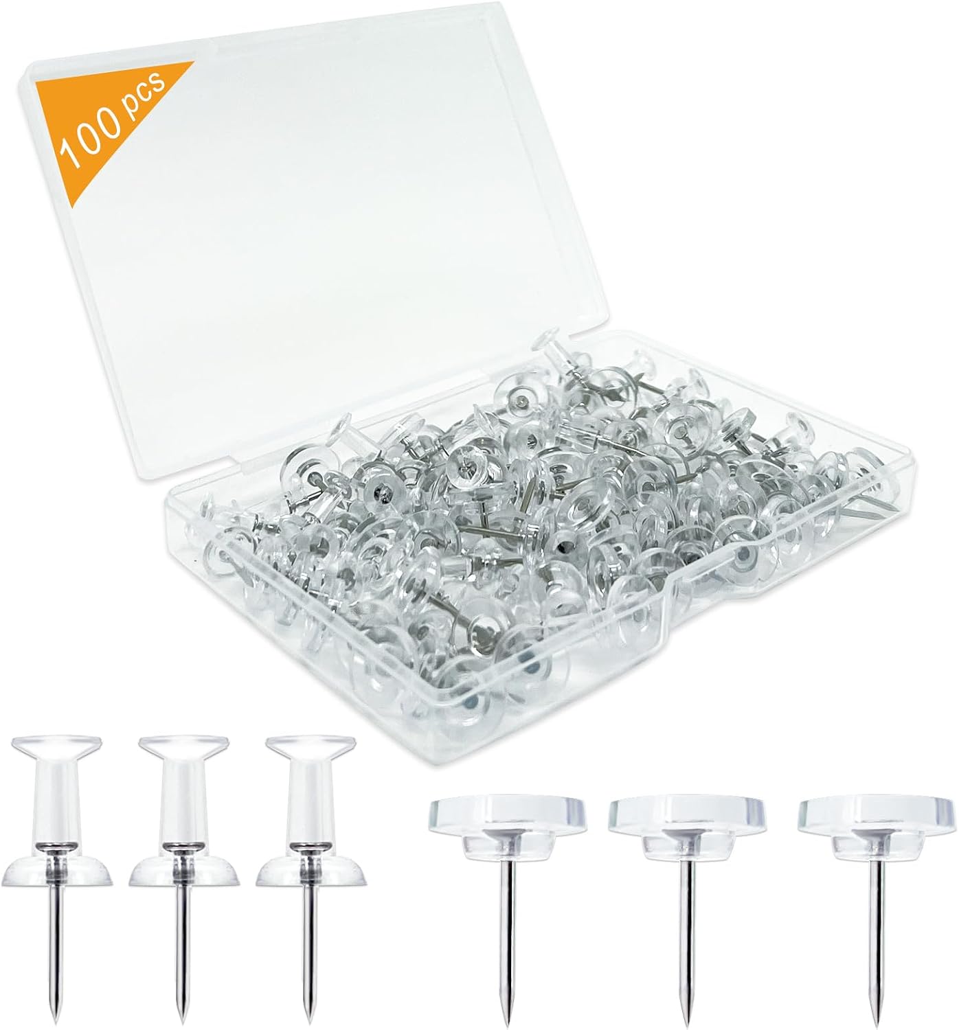 100-Pack Heavy-Duty Tacks and Push Pins – Clear Flat-Head Thumbtacks with Storage Box for Office, Home, Classroom & Cork Boards