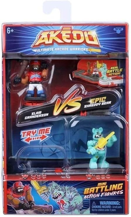 Akedo Ultimate Arcade Warriors Versus Pack Slam Granderson Vs Shreddy Bear Mini Battling Action Figures Ready, Fight, Split Strike