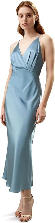 LilySilk 100% Mulberry Silk Maxi Dress Plunging V Neck Slim Fit Rear Criss-Cross Straps for Wedding Party