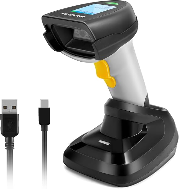 Barcode Scanner Wireless, ONEWSCAN 1D CCD Barcode Reader with Smart Base Stand 2.4G Wireless & USB Wired Connection Plug and Play Handheld Bar Code Scanners with Screen