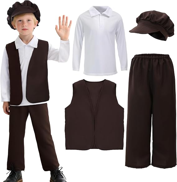 Kids Colonial Costume 4PCS Historical Roleplay Outfit for Boy Colonial Era American History Dress Up Halloween Cosplay