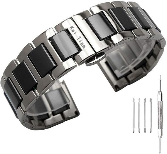 Kai Tian Stainless Steel Ceramic Watch Band Links 18mm/20mm/22mm Watch Wrist Bands Mens Watch Bracelet with Butterfly Buckle