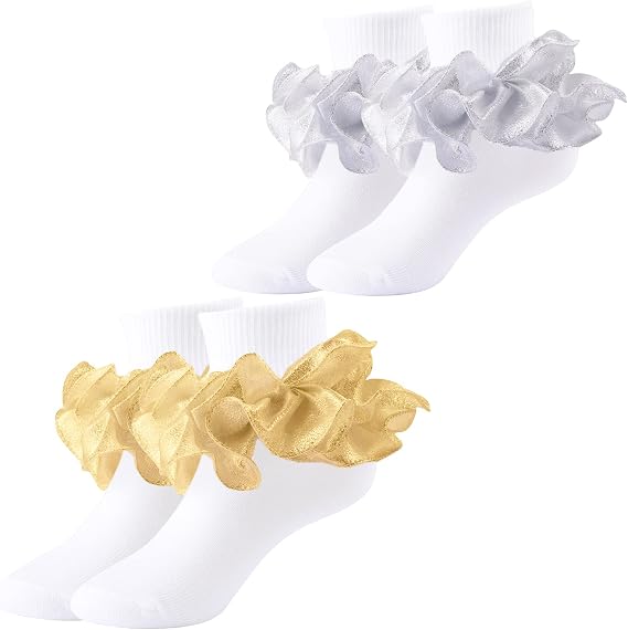 Girls Ruffle Socks Shiny Double Big Lace Socks 2/3 Pairs Toddler Turn Cuff Frilly Dress Sock Girls Pageant Sock Kids