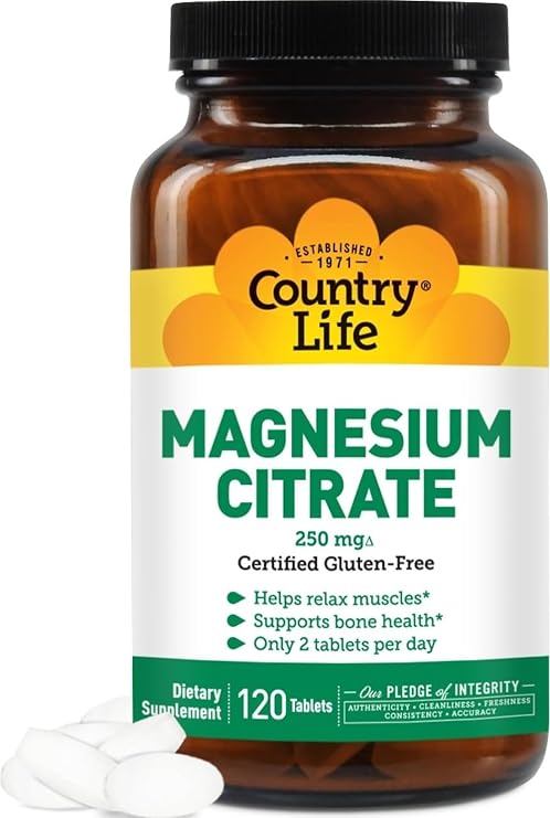 Country Life Magnesium Citrate 250 mg, Certified Gluten-Free, 120 Tablets