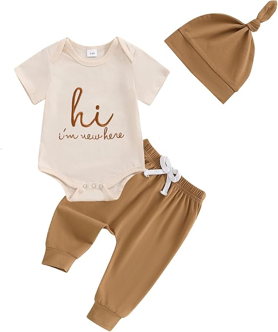 Newborn Baby Boy Clothes Hi I'm New Here Coming Home Outfit Letter Print Romper Pant Fall Winter Baby Boy's Clothing